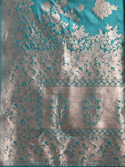 Astita Emerald Sea Green Banarasi Silk Saree with Zari Floral Work – Elegance Woven in Every Thread