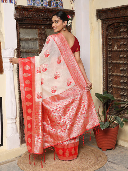 Astita Elegant Woven Linen Cotton Saree for Durga Puja & Diwali | Ethnic Motif Design with Rich Zari Border | Soft, Breathable, Festive-Ready Traditional Drape