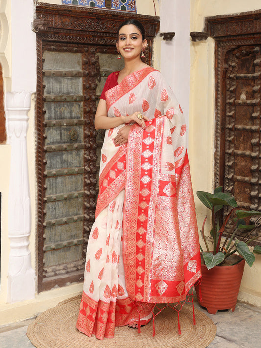 Astita Elegant Woven Linen Cotton Saree for Durga Puja & Diwali | Ethnic Motif Design with Rich Zari Border | Soft, Breathable, Festive-Ready Traditional Drape