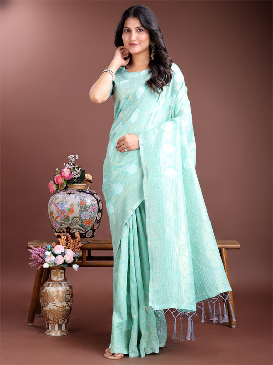 Astita Elegant Sea Green Cotton Saree for Women – Soft Lightweight Saree with Zari Woven Butta & Tassel Border