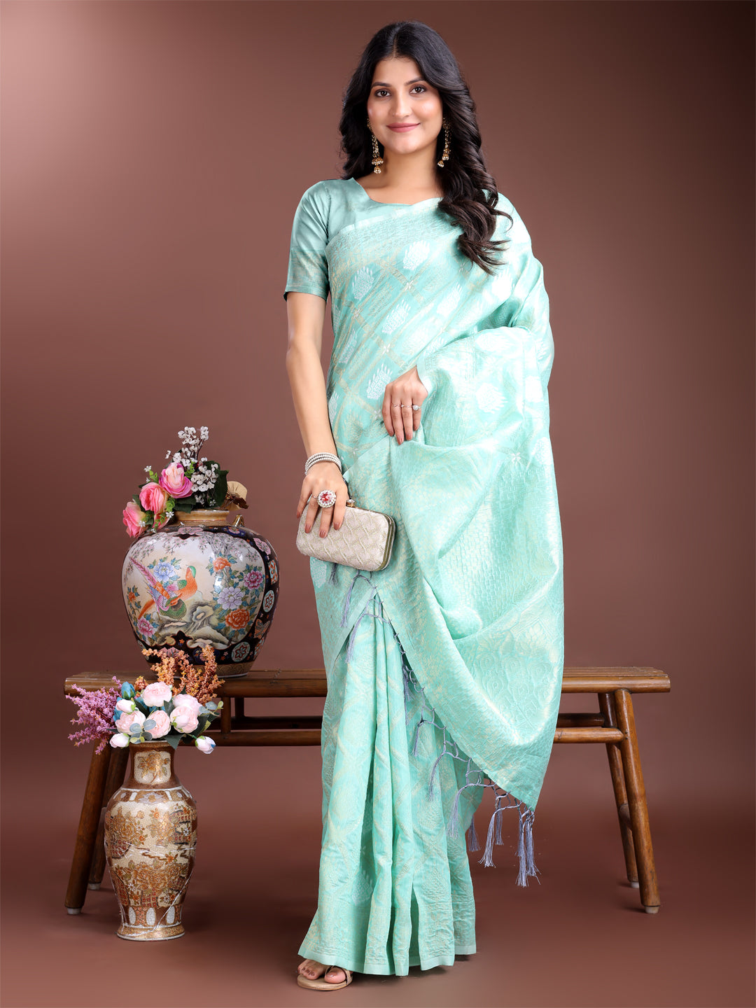 Astita Elegant Sea Green Cotton Saree for Women – Soft Lightweight Saree with Zari Woven Butta & Tassel Border