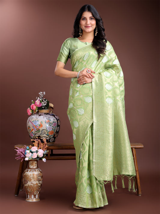 Astita Elegant Light Green Cotton Saree for Women – Soft Lightweight Saree with Zari Woven Butta & Tassel Border