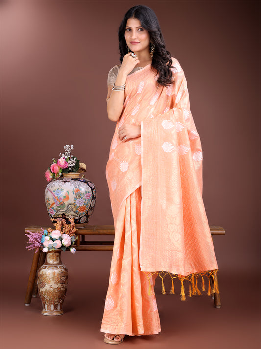 Astita Elegant Orange Cotton Saree for Women – Soft Lightweight Saree with Zari Woven Butta & Tassel Border