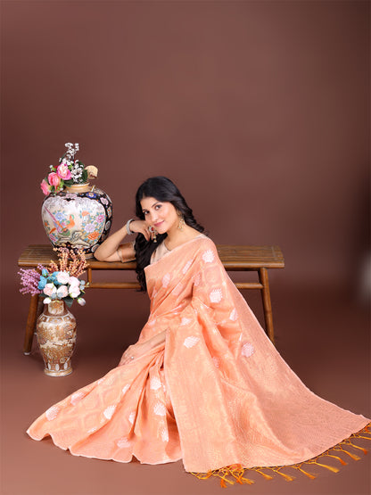 Astita Elegant Orange Cotton Saree for Women – Soft Lightweight Saree with Zari Woven Butta & Tassel Border