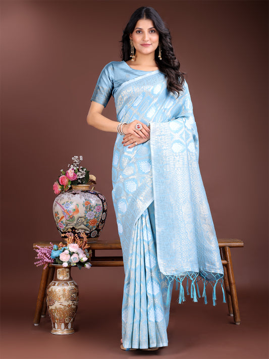 Astita Elegant Sky Blue Cotton Saree for Women – Soft Lightweight Saree with Zari Woven Butta & Tassel Border