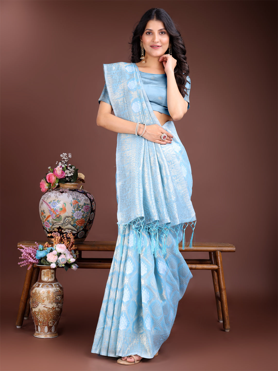 Astita Elegant Sky Blue Cotton Saree for Women – Soft Lightweight Saree with Zari Woven Butta & Tassel Border