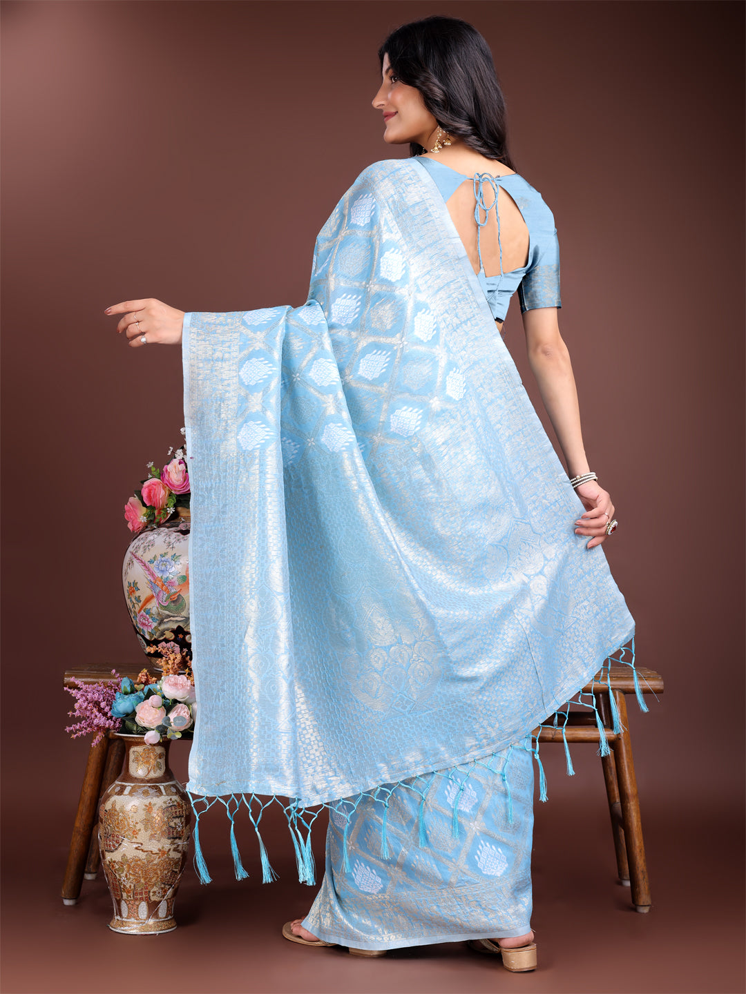 Astita Elegant Sky Blue Cotton Saree for Women – Soft Lightweight Saree with Zari Woven Butta & Tassel Border
