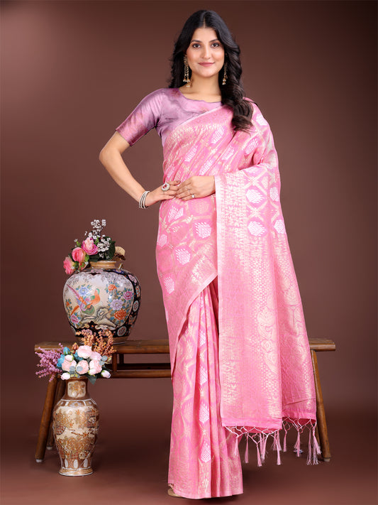 Astita Elegant Pink Cotton Saree for Women – Soft Lightweight Saree with Zari Woven Butta & Tassel Border