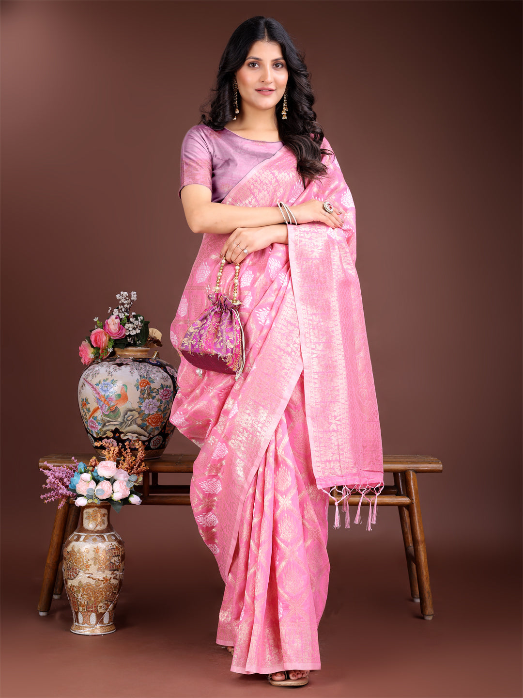 Astita Elegant Pink Cotton Saree for Women – Soft Lightweight Saree with Zari Woven Butta & Tassel Border