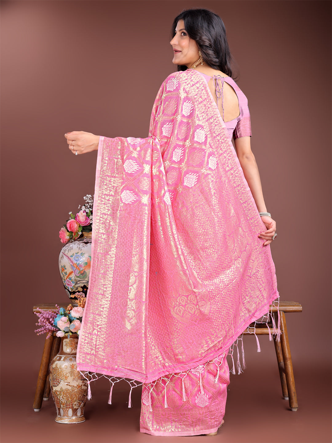 Astita Elegant Pink Cotton Saree for Women – Soft Lightweight Saree with Zari Woven Butta & Tassel Border
