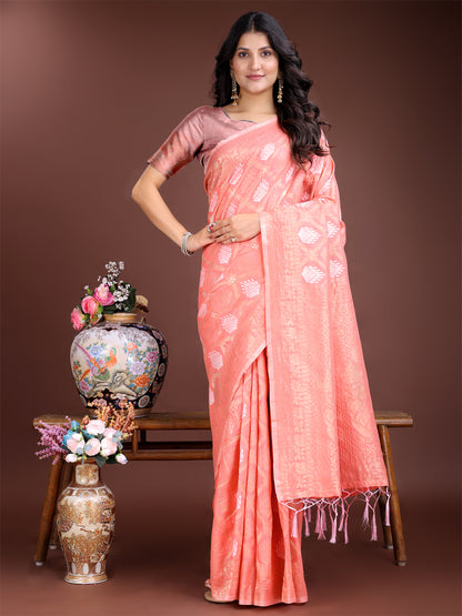Astita Elegant Peach Cotton Saree for Women – Soft Lightweight Saree with Zari Woven Butta & Tassel Border
