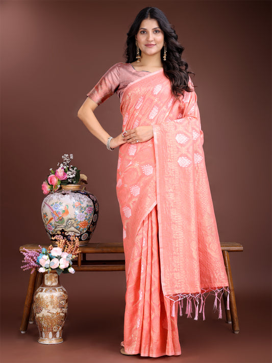 Astita Elegant Peach Cotton Saree for Women – Soft Lightweight Saree with Zari Woven Butta & Tassel Border