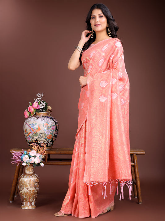 Astita Elegant Peach Cotton Saree for Women – Soft Lightweight Saree with Zari Woven Butta & Tassel Border