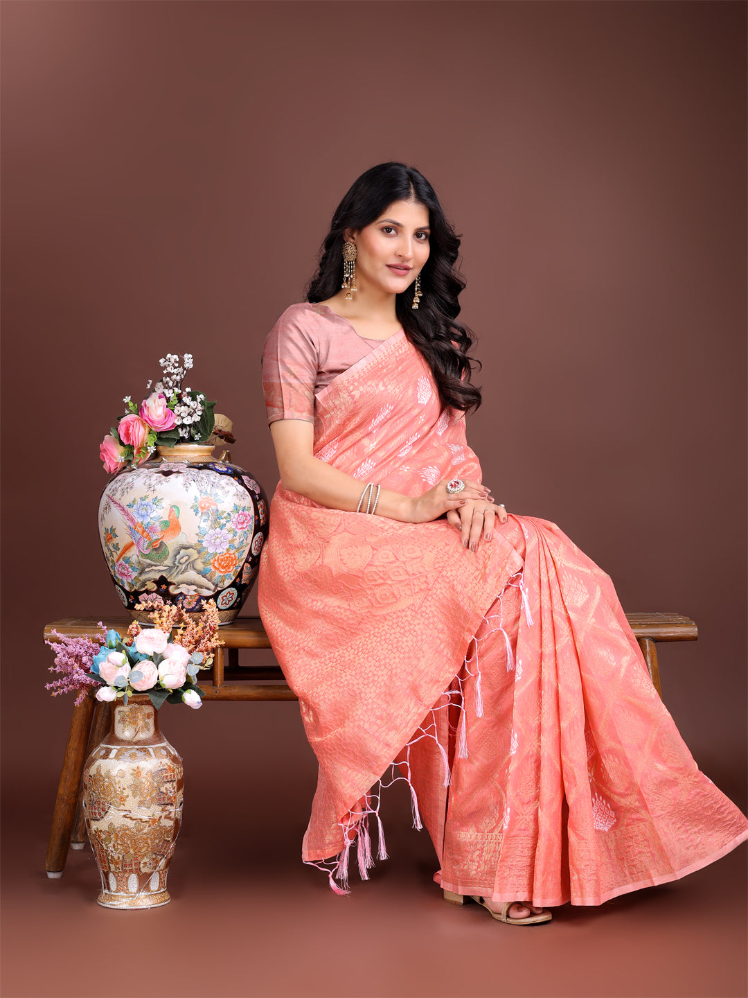 Astita Elegant Peach Cotton Saree for Women – Soft Lightweight Saree with Zari Woven Butta & Tassel Border