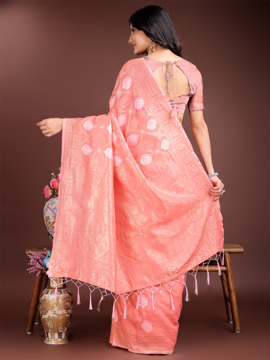 Astita Elegant Peach Cotton Saree for Women – Soft Lightweight Saree with Zari Woven Butta & Tassel Border