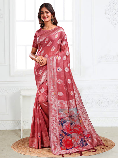 Astita Rust Floral Linen Cotton Saree with Zari Border & Digital Printed Pallu – Elegant Sari for Festive Occasions