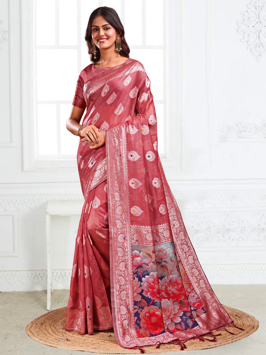 Astita Rust Floral Linen Cotton Saree with Zari Border & Digital Printed Pallu – Elegant Sari for Festive Occasions