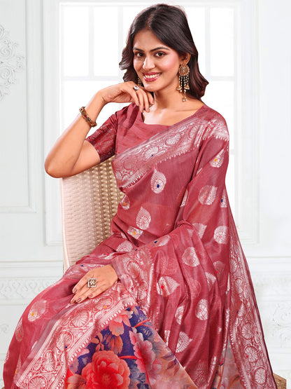 Astita Rust Floral Linen Cotton Saree with Zari Border & Digital Printed Pallu – Elegant Sari for Festive Occasions