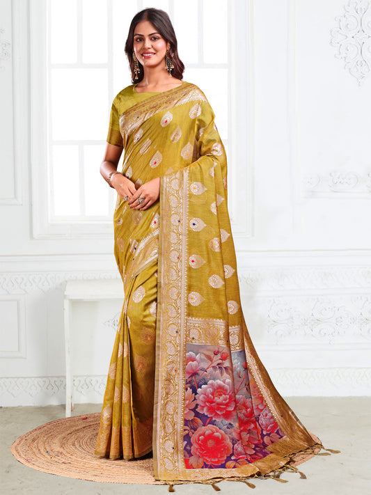 Astita Mhendi Green Floral Linen Cotton Saree with Zari Border & Digital Printed Pallu – Elegant Sari for Festive Occasions
