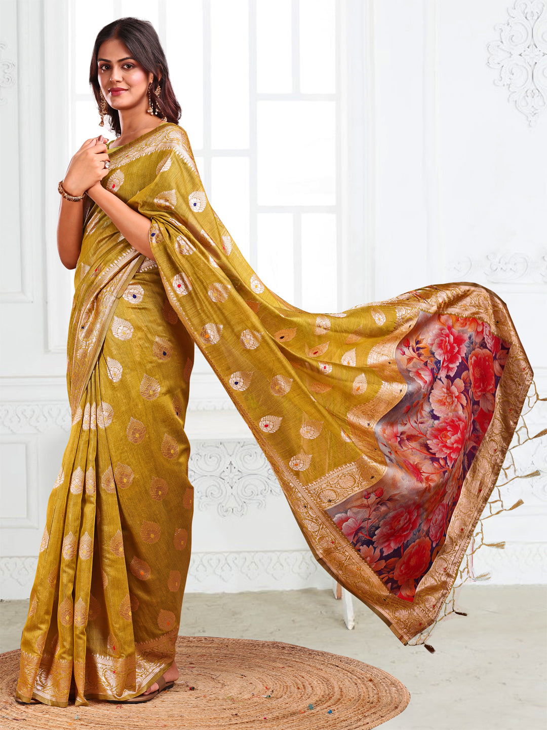 Astita Mhendi Green Floral Linen Cotton Saree with Zari Border & Digital Printed Pallu – Elegant Sari for Festive Occasions