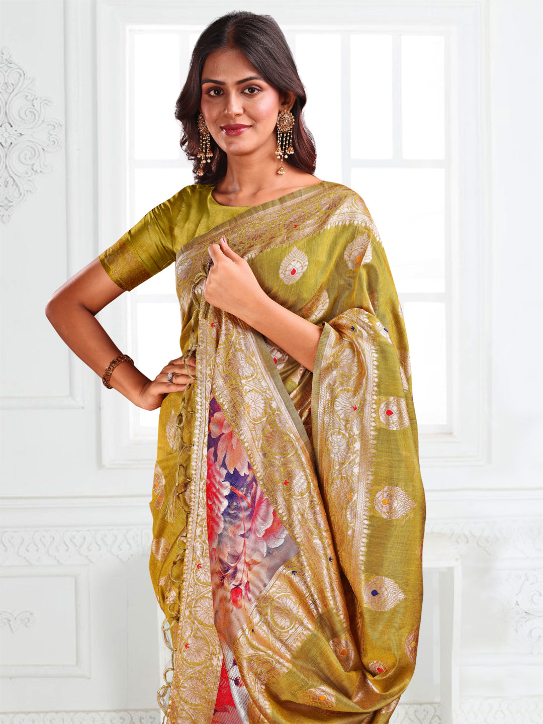 Astita Mhendi Green Floral Linen Cotton Saree with Zari Border & Digital Printed Pallu – Elegant Sari for Festive Occasions