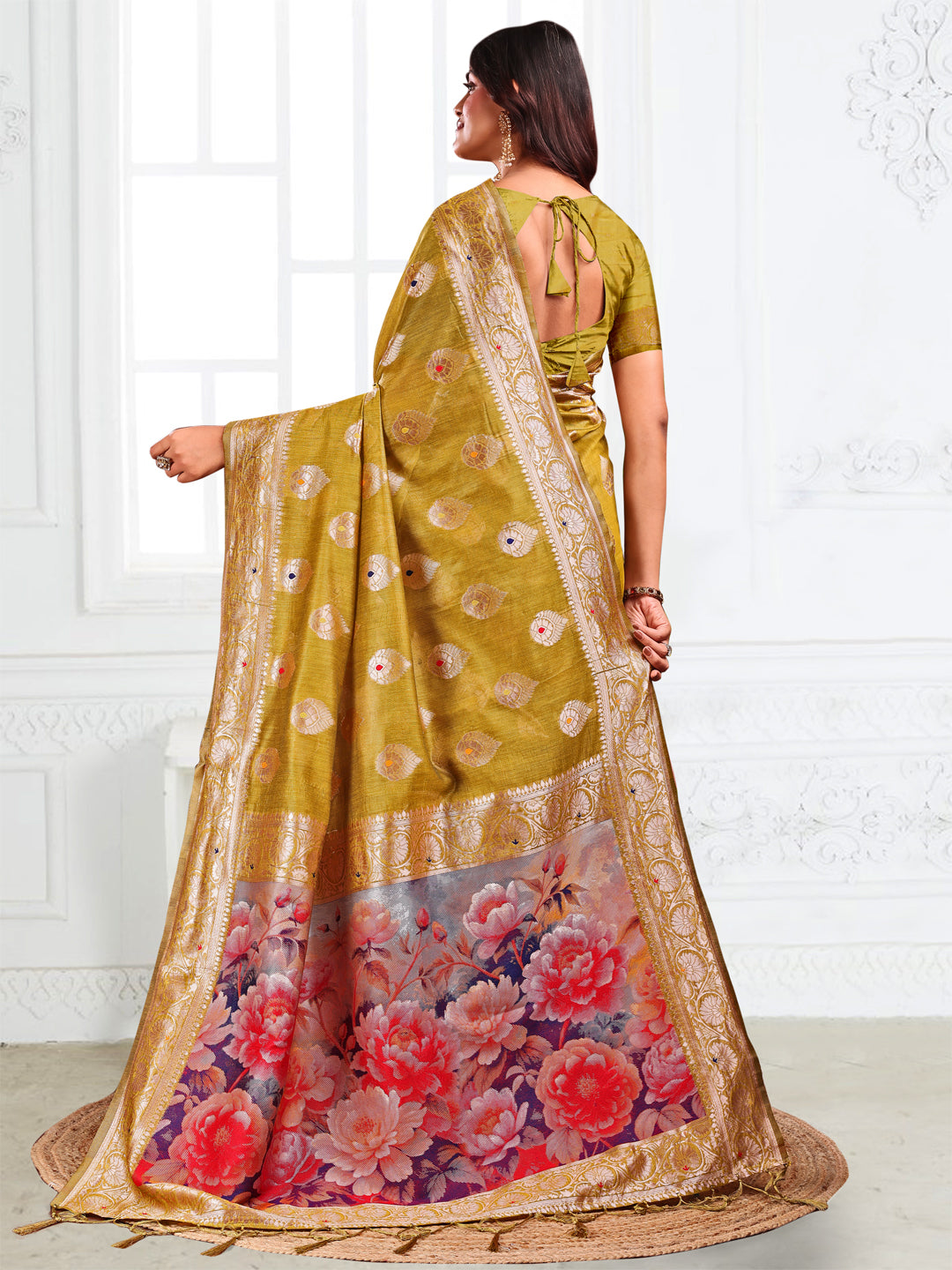 Astita Mhendi Green Floral Linen Cotton Saree with Zari Border & Digital Printed Pallu – Elegant Sari for Festive Occasions