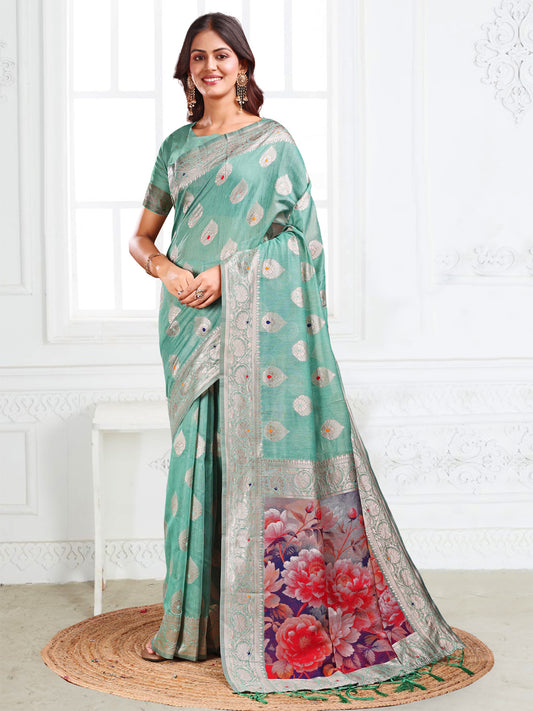 Astita Rama Green Floral Linen Cotton Saree with Zari Border & Digital Printed Pallu – Elegant Sari for Festive Occasions
