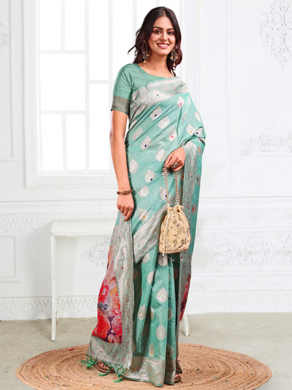 Astita Rama Green Floral Linen Cotton Saree with Zari Border & Digital Printed Pallu – Elegant Sari for Festive Occasions