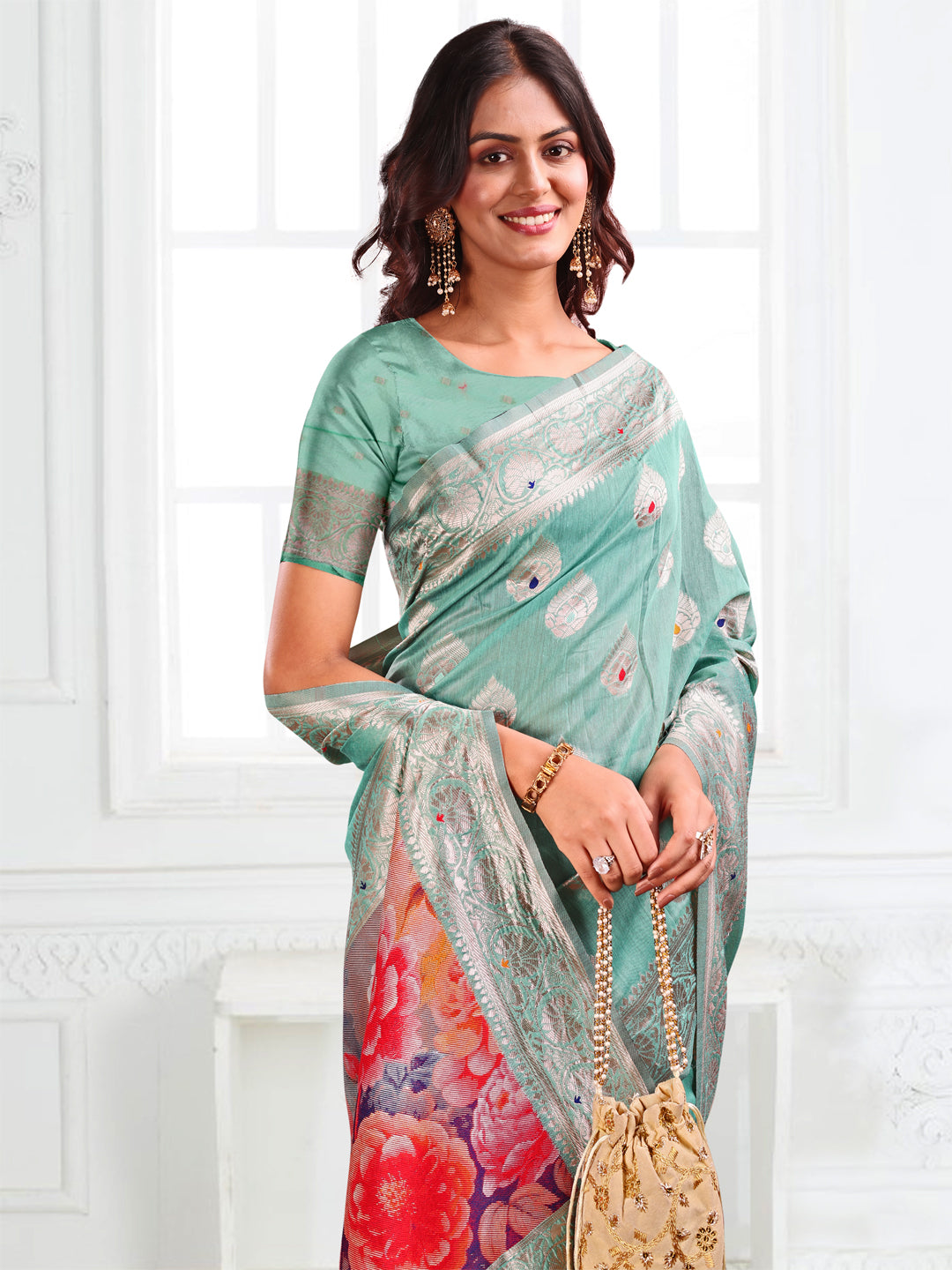 Astita Rama Green Floral Linen Cotton Saree with Zari Border & Digital Printed Pallu – Elegant Sari for Festive Occasions