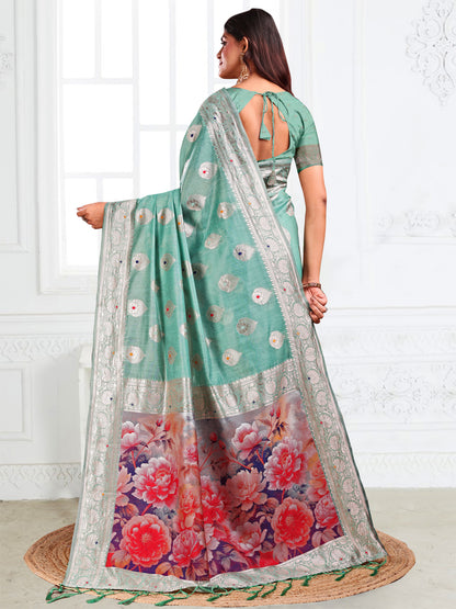 Astita Rama Green Floral Linen Cotton Saree with Zari Border & Digital Printed Pallu – Elegant Sari for Festive Occasions