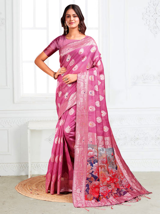 Astita Rose Pink Floral Linen Cotton Saree with Zari Border & Digital Printed Pallu – Elegant Sari for Festive Occasions