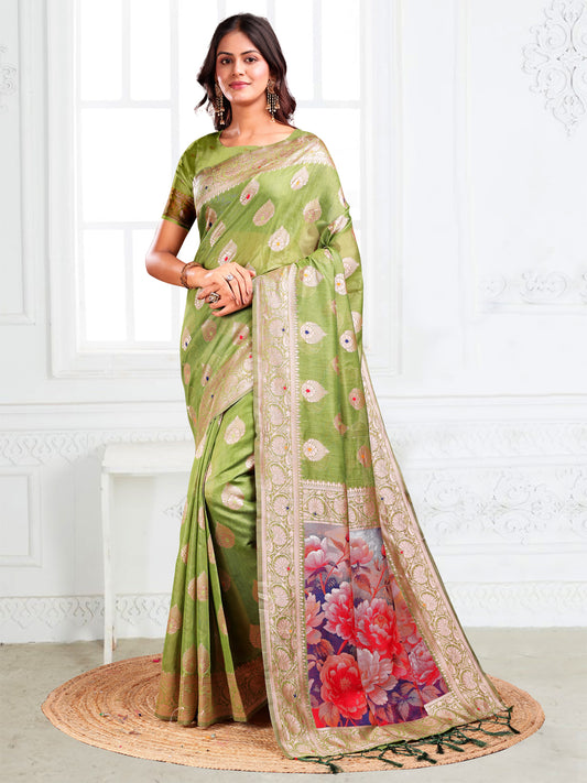 Astita Green Floral Linen Cotton Saree with Zari Border & Digital Printed Pallu – Elegant Sari for Festive Occasions