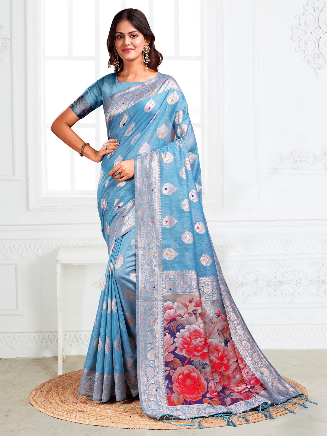 Astita Sky Blue Floral Linen Cotton Saree with Zari Border & Digital Printed Pallu – Elegant Sari for Festive Occasions