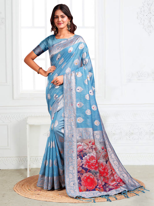Astita Sky Blue Floral Linen Cotton Saree with Zari Border & Digital Printed Pallu – Elegant Sari for Festive Occasions