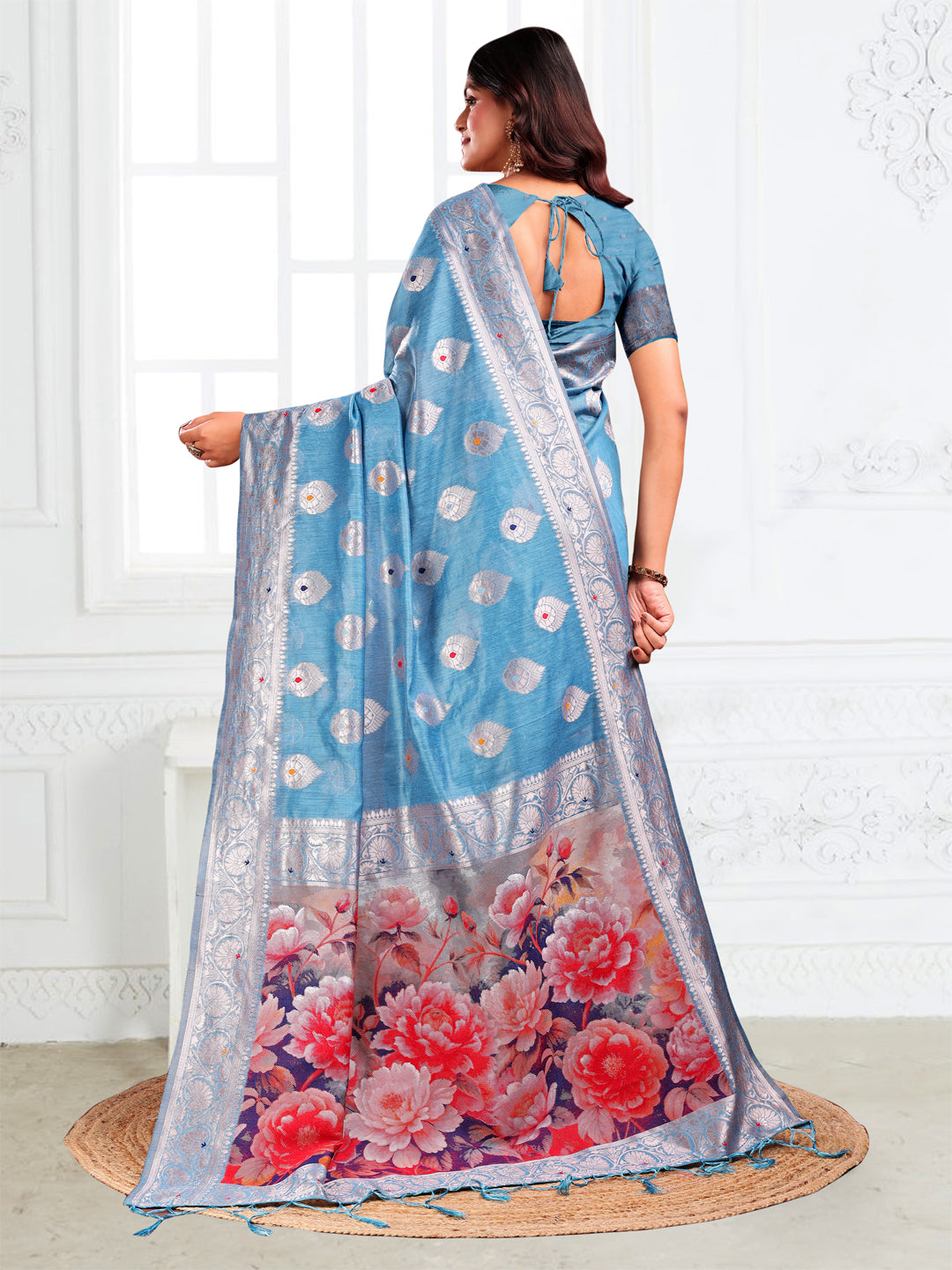 Astita Sky Blue Floral Linen Cotton Saree with Zari Border & Digital Printed Pallu – Elegant Sari for Festive Occasions