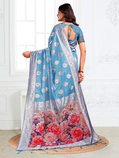 Astita Sky Blue Floral Linen Cotton Saree with Zari Border & Digital Printed Pallu – Elegant Sari for Festive Occasions