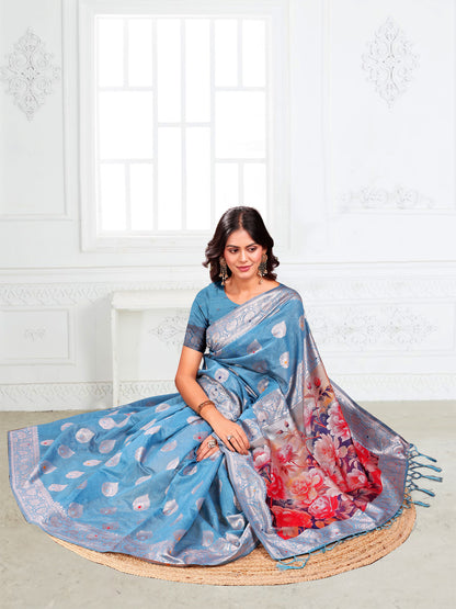 Astita Sky Blue Floral Linen Cotton Saree with Zari Border & Digital Printed Pallu – Elegant Sari for Festive Occasions