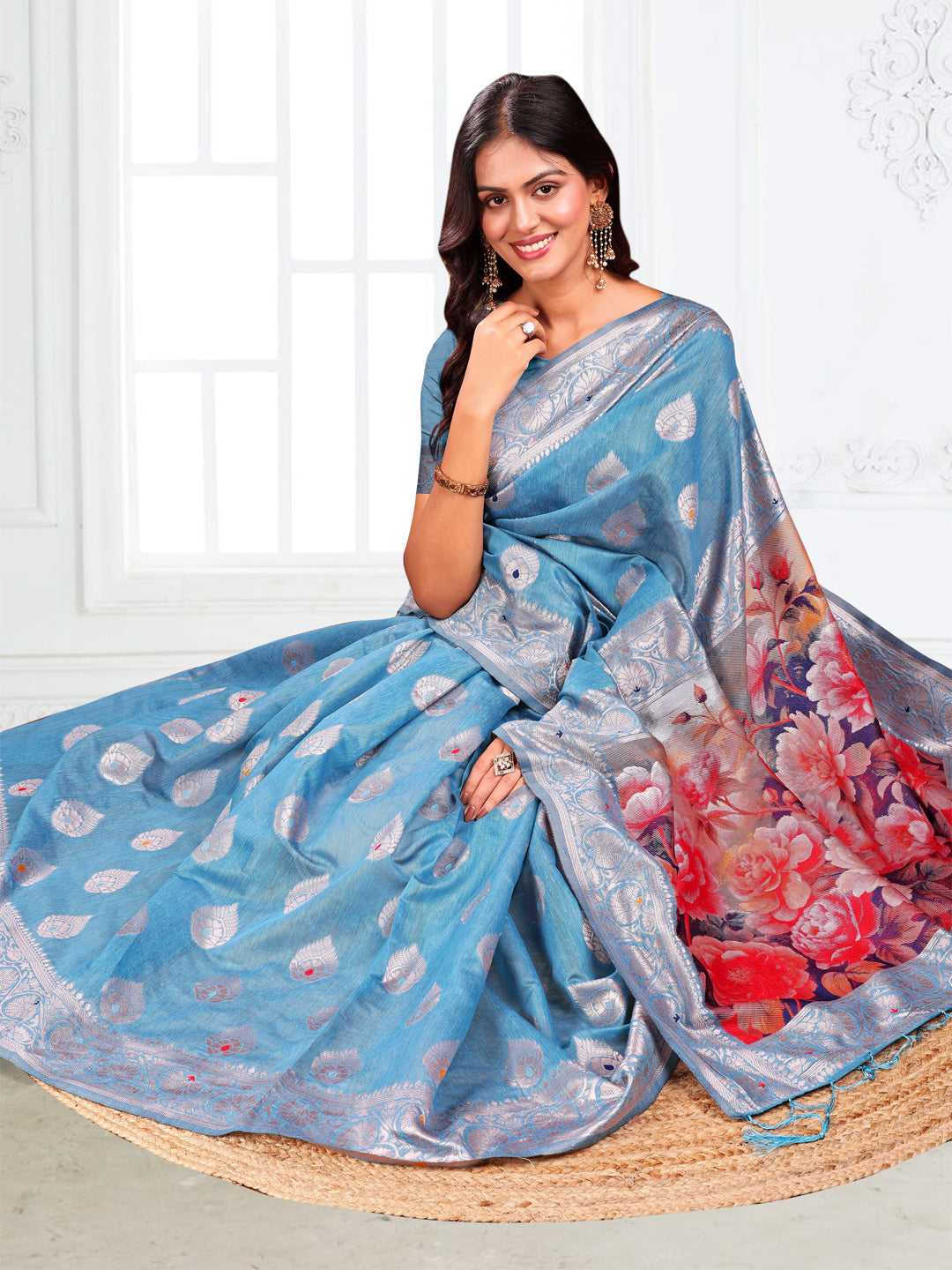 Astita Sky Blue Floral Linen Cotton Saree with Zari Border & Digital Printed Pallu – Elegant Sari for Festive Occasions