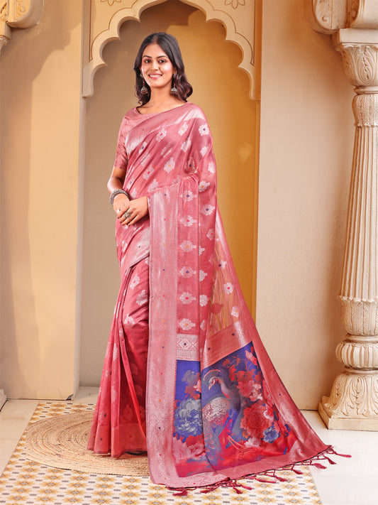Astita Peach Floral Linen Cotton Saree with Zari Border & Digital Printed Pallu - Elegant Sari for Festive Occasions