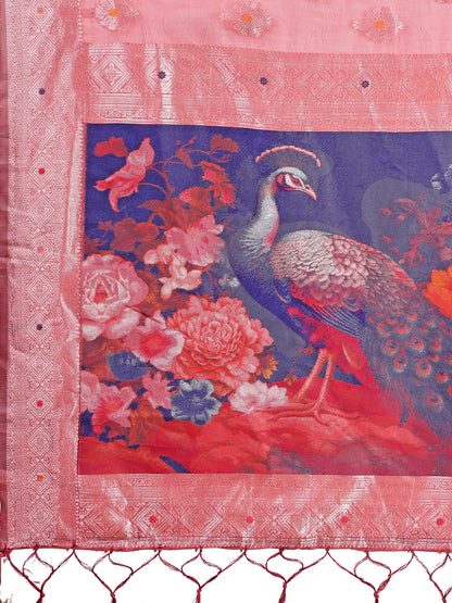 Astita Peach Floral Linen Cotton Saree with Zari Border & Digital Printed Pallu - Elegant Sari for Festive Occasions
