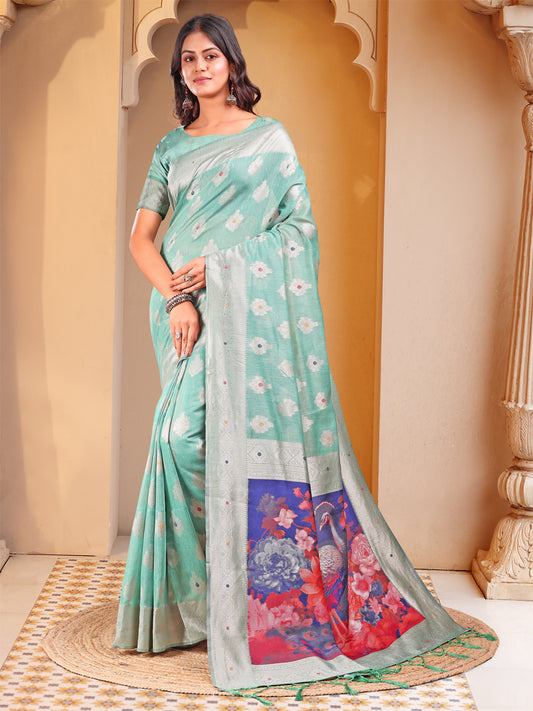 Astita Rose Sea Green Floral Linen Cotton Saree with Zari Border & Digital Printed Pallu - Elegant Sari for Festive Occasions