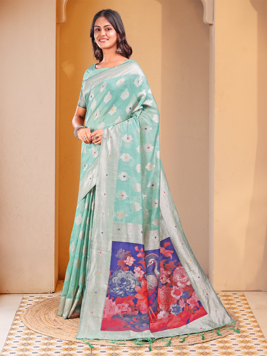 Astita Rose Sea Green Floral Linen Cotton Saree with Zari Border & Digital Printed Pallu - Elegant Sari for Festive Occasions