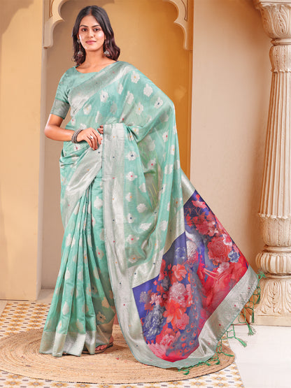 Astita Rose Sea Green Floral Linen Cotton Saree with Zari Border & Digital Printed Pallu - Elegant Sari for Festive Occasions