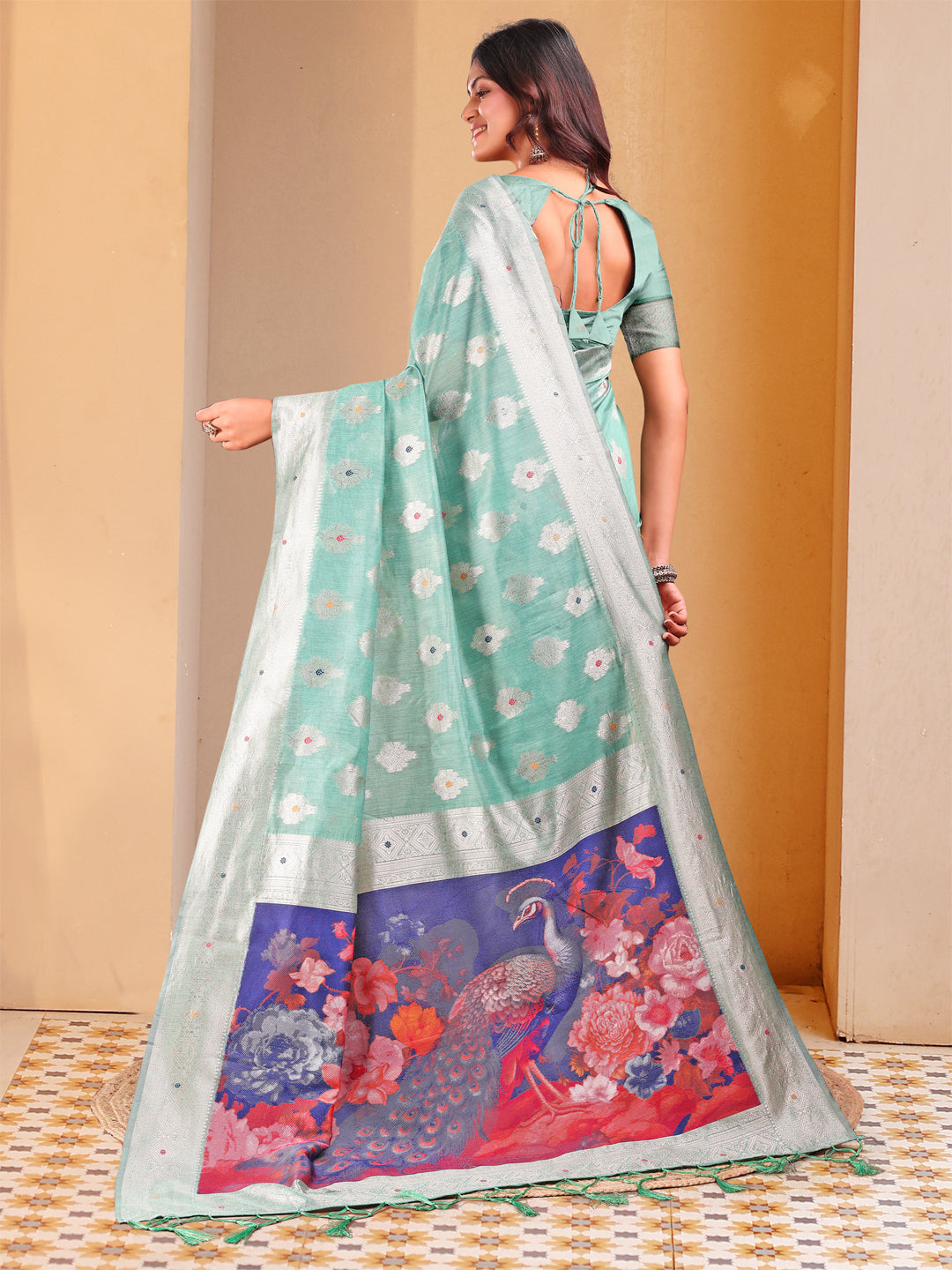 Astita Rose Sea Green Floral Linen Cotton Saree with Zari Border & Digital Printed Pallu - Elegant Sari for Festive Occasions