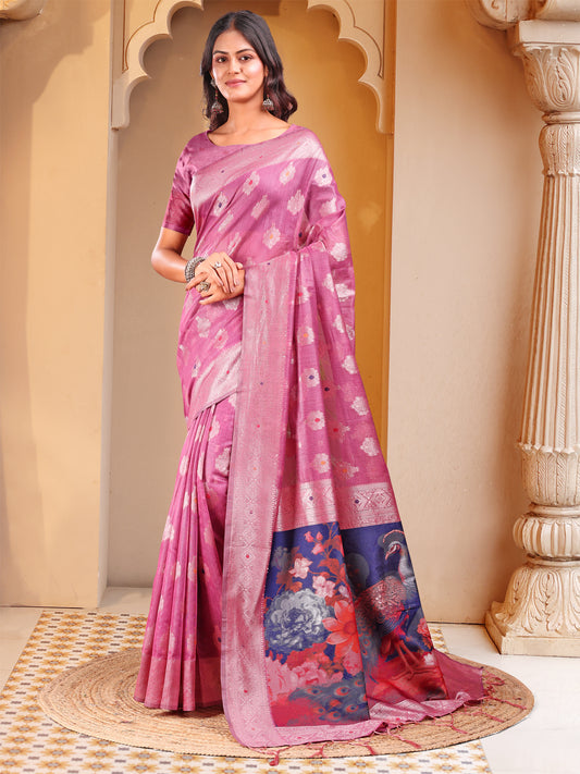 Astita Pink Floral Linen Cotton Saree with Zari Border & Digital Printed Pallu - Elegant Sari for Festive Occasions
