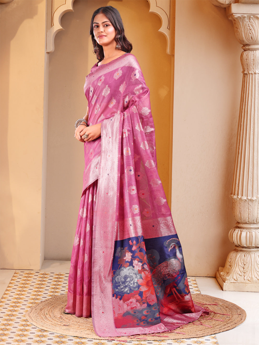Astita Pink Floral Linen Cotton Saree with Zari Border & Digital Printed Pallu - Elegant Sari for Festive Occasions