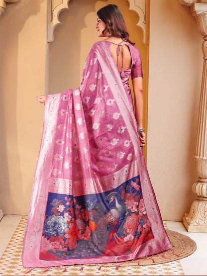 Astita Pink Floral Linen Cotton Saree with Zari Border & Digital Printed Pallu - Elegant Sari for Festive Occasions