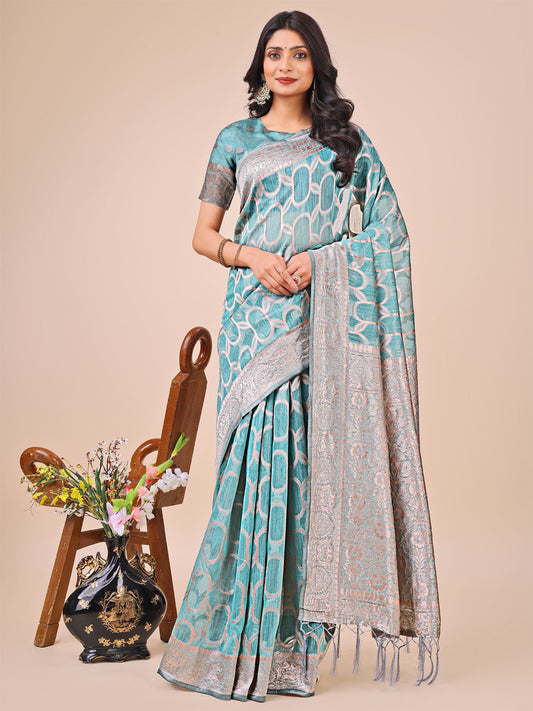 Elegant Sea Green Linen Cotton Saree with Silver Zari Border & Geometric Weave