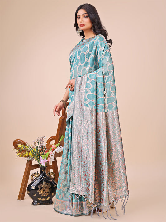 Elegant Sea Green Linen Cotton Saree with Silver Zari Border & Geometric Weave