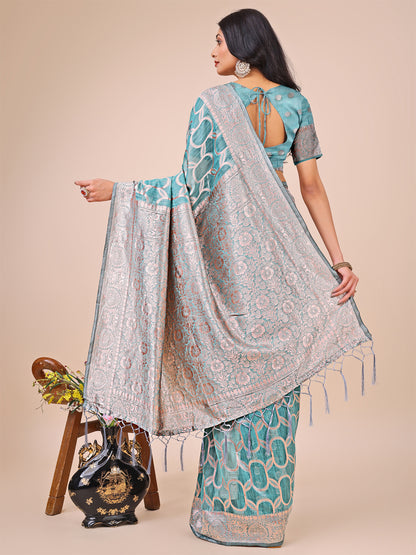 Elegant Sea Green Linen Cotton Saree with Silver Zari Border & Geometric Weave